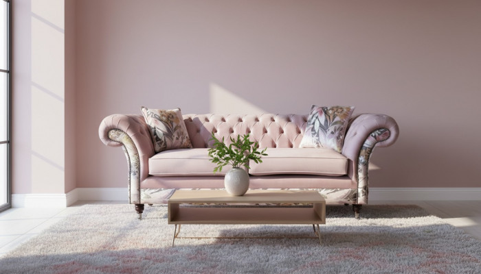 A lively three-seater Chesterfield sofa with a delicate pink floral pattern