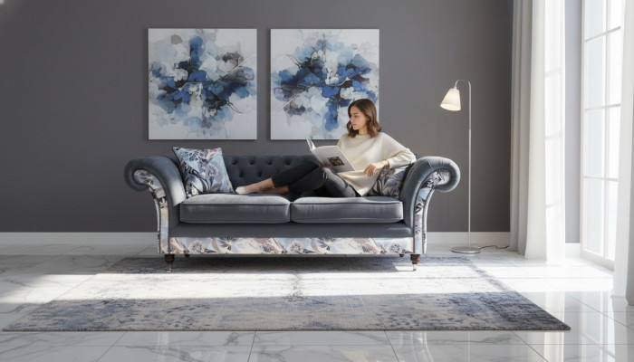 A striking three-seater sofa in Chesterfield design with delicate gray floral decoration.