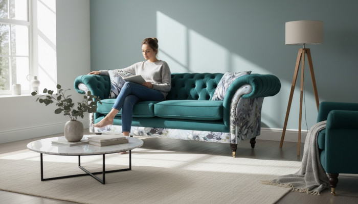 A lively three-seater Chesterfield sofa in a delicate emerald color with a floral pattern.
