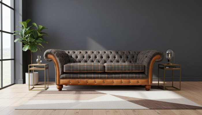 3-seater designer sofa couch upholstered in brown fabric textile new