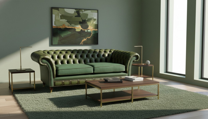 Design Sofa 3-seater Upholstery Leather Sofas Fabric Chesterfield Green