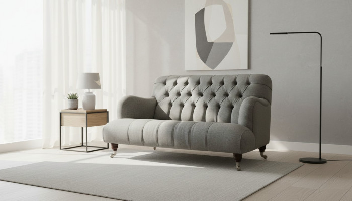 Luxury three-seater gray sofa, two-seater design Chesterfield furniture couches