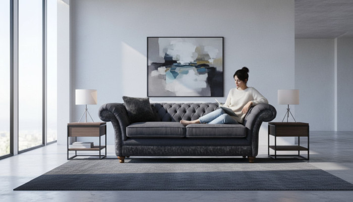 Sofa 3-seater Couch Textile Sofa Gray Design Furniture Sofas Couches Chesterfield