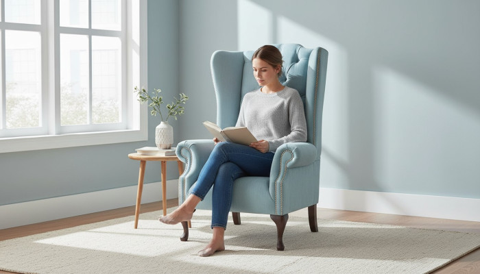 Baby blue wing chair armchair design upholstered sofa couch Chesterfield textile new