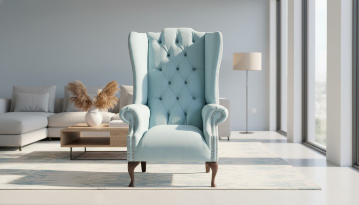 Baby blue wing chair armchair design upholstered sofa couch Chesterfield textile new