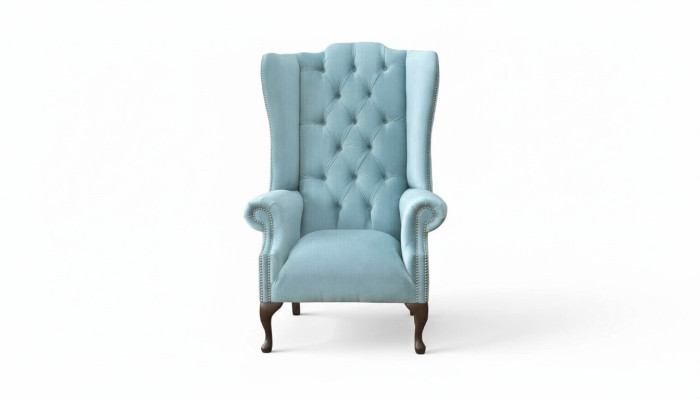 Baby blue wing chair armchair design upholstered sofa couch Chesterfield textile new