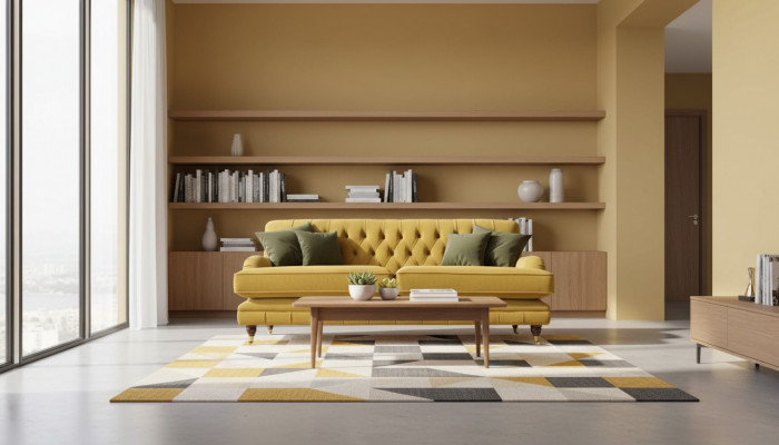 Sofa 3-Seater Yellow Upholstered Sofa Living Room Elegant Design Classic