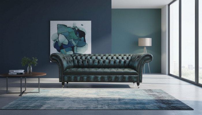 Classic 3-seat couch upholstery seat Chesterfield fabric leather blue