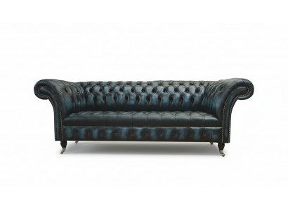 Classic 3-seat couch upholstery seat Chesterfield fabric leather blue