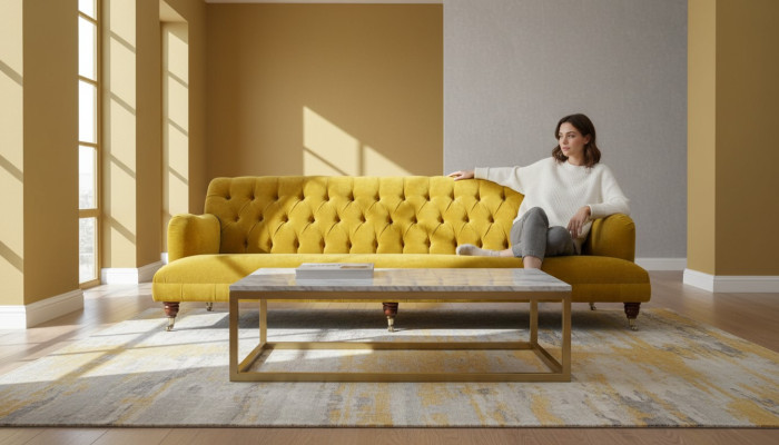 Design Chesterfield Chesterfield Fabric Yellow 5-Seater Sofa Upholstery New