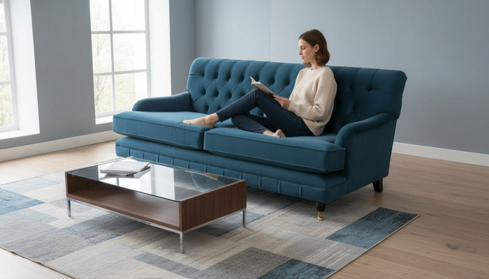 Chesterfield Design Luxury Upholstered Sofa 3-Seater Blue Couch Fabric New