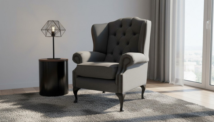 Gray Wing Chair Armchair Design Upholstered Sofa Couch Chesterfield Textile New