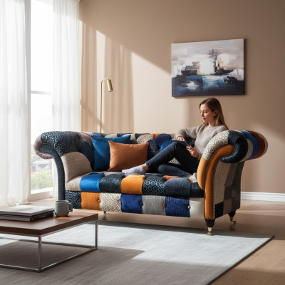 Sofa Seating Fabric Design Three-Seater Luxury Chesterfield Furniture Multicolored