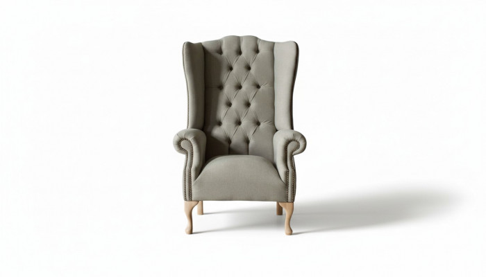 Gray wingback armchair armchair design upholstery Chesterfield fabric living room