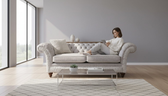 Modern three-seater design upholstered fabric sofa 3-seater living room sofa Chesterfield beige