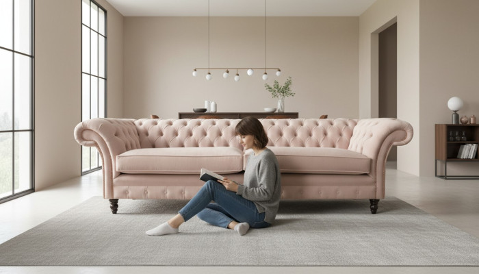 Modern Chesterfield 4-seater design sofa pink upholstery sofas fabric textile
