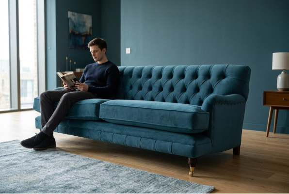 Three-seater couch upholstery design sofa blue seat sofas furniture Chesterfield