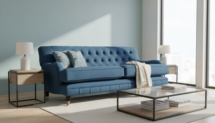 Three-seater couch upholstery design sofa blue seat sofas furniture Chesterfield