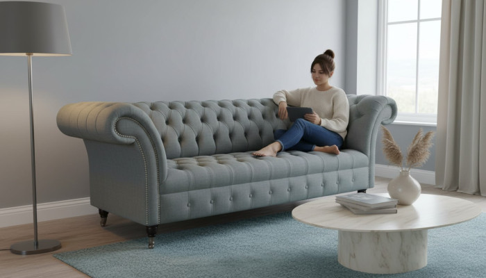 Sofa 3-Seater Couch Fabric Modern Luxury Gray Chesterfield Three-Seater New