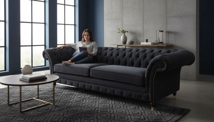 Three-seater couch, black upholstery sofa, 3-seat sofas, room furniture design