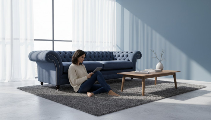 Design Sofa 4-Seater Couch Textile Upholstery Blue Sofas Chesterfield New