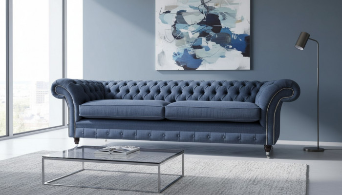 Design Sofa 4-Seater Couch Textile Upholstery Blue Sofas Chesterfield New