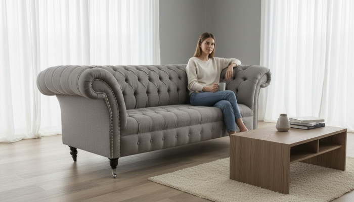 Chesterfield 3-seater upholstered couch sofa couches textile modern style gray
