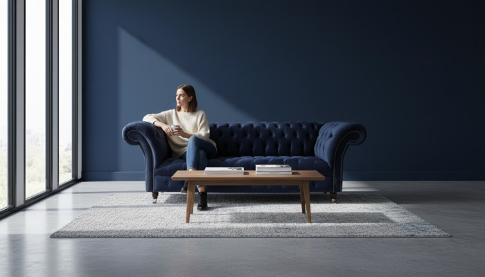 Luxury Sofa Three-Seater Blue Fabric Textile Style Couch Sofas Furniture