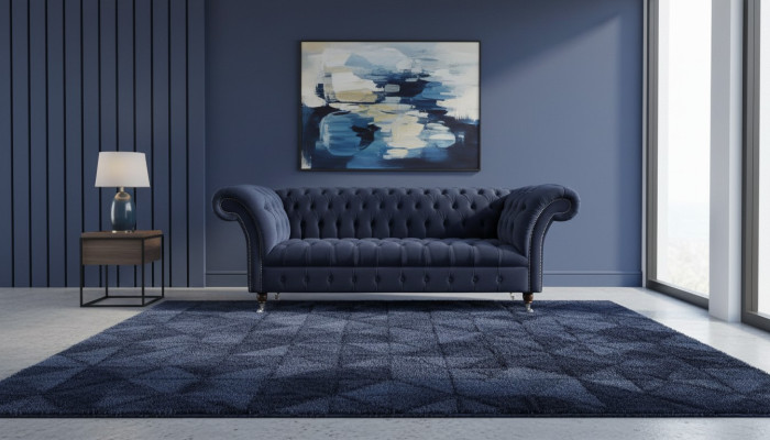 Luxury Sofa Three-Seater Blue Fabric Textile Style Couch Sofas Furniture