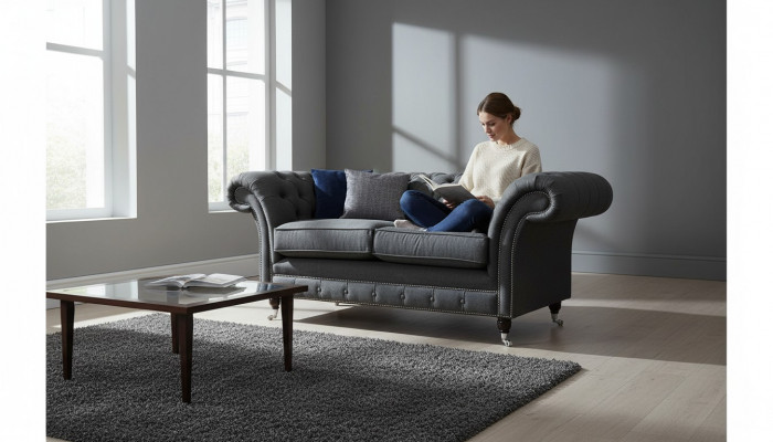 Chesterfield Sofa 2-Seater Couch Upholstery Fabric Couches Gray Textile New