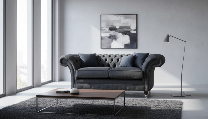 Chesterfield Sofa 2-Seater Couch Upholstery Fabric Couches Gray Textile New