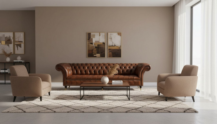 Sofa 4-Seater Luxury Furniture Chesterfield Leather Brown Design Modern Style