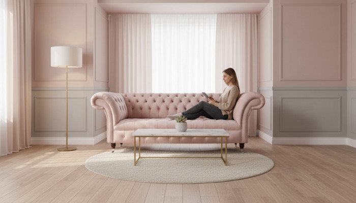 Chesterfield 3-seater pink design couches upholstery sofas fabric textile
