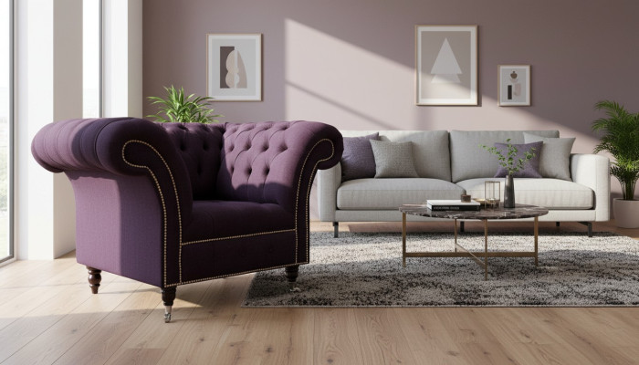 Armchair Single Seater Luxury 1 Seat Seat Design Textile Purple Fabric Chesterfield