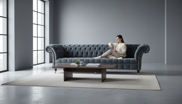 Four-seater sofa 4-seater sofas modern gray design fabric Chesterfield