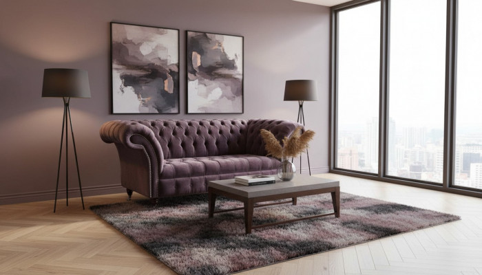 Chesterfield Sofa Couch Design Lilac Upholstery Fabric Two-Seater New