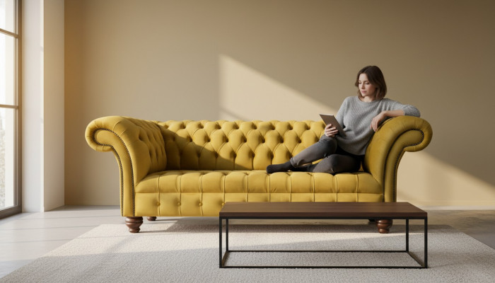 Chesterfield Yellow Sofa Upholstery 3-Seater Couches Seating Sofas Three-Seater
