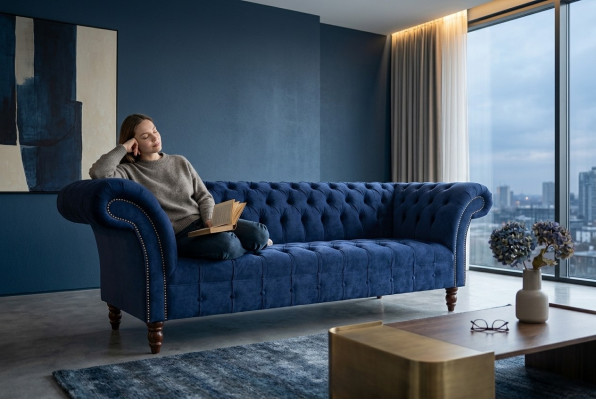 Chesterfield Design Luxury Upholstered Sofa Couch 3-Seat Blue Fabric New