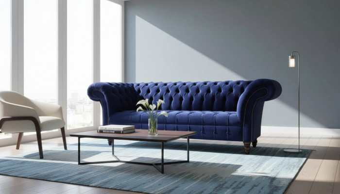 Chesterfield Design Luxury Upholstered Sofa Couch 3-Seat Blue Fabric New