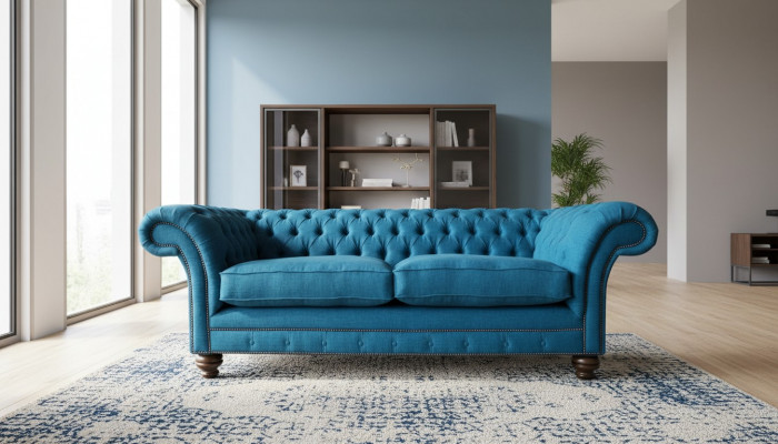 Chesterfield sofa 3-seater couch upholstered sofas fabric living room blue textile