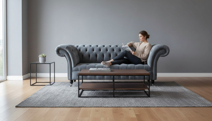 Chesterfield Sofa 3-Seater Luxury Couch Living Room Sofa Gray Fabric Sofa