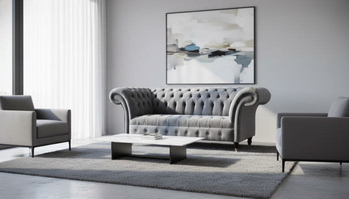 Chesterfield Sofa 3-Seater Luxury Couch Living Room Sofa Gray Fabric Sofa