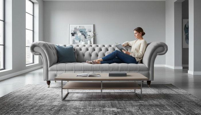 Chesterfield Textile Sofa Couch 3 Seater Upholstered Seat Grey Sofas Big New