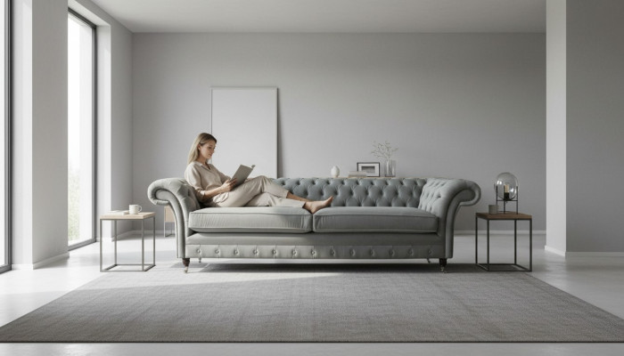 Sofa 4-seater couch Chesterfield upholstered seat fabric gray living room
