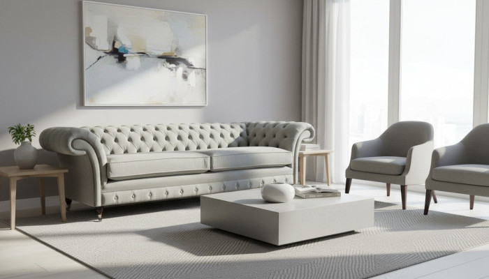 Sofa 4-seater couch Chesterfield upholstered seat fabric gray living room