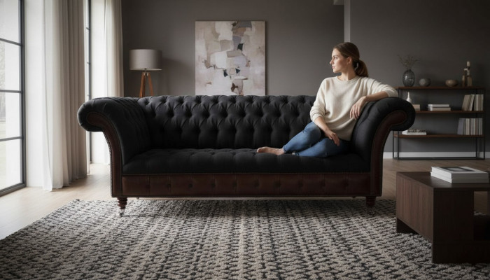 Chesterfield 3-Seater Sofa Couch Leather Upholstery Seat Fabric Black New