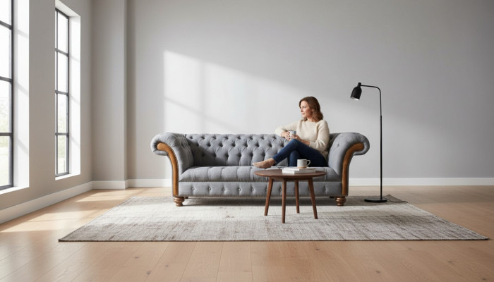 Chesterfield Fabric Sofa Luxury Couch Upholstered Seating Gray Textile