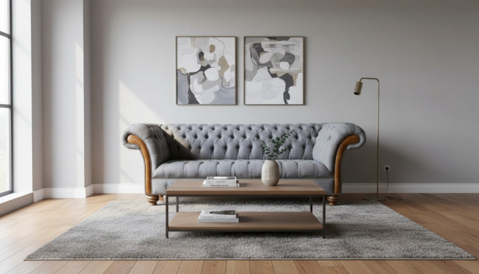 Chesterfield Fabric Sofa Luxury Couch Upholstered Seating Gray Textile