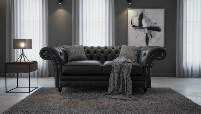 Luxury textile Chesterfield couch sofas upholstery 2-seater black leather