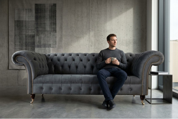 English Chesterfield Sofa Couch Office Furniture Three-Seater Velvet 230cm Gray